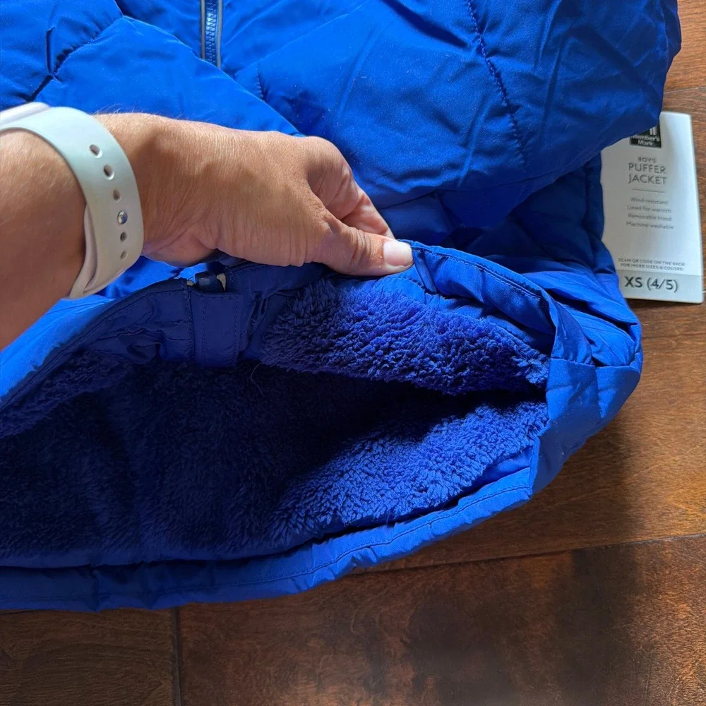 Members Mark Boys Blue Puffer Jacket Removable Hood Sherpa Lined XS 4/5 NEW